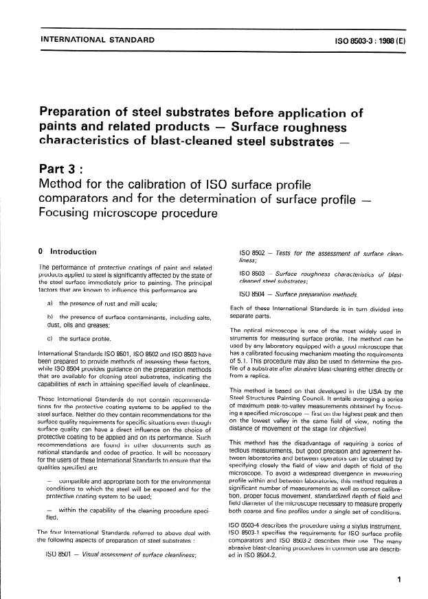 ISO 8503-3:1988 - Preparation of steel substrates before application of paints and related products -- Surface roughness characteristics of blast-cleaned steel substrates