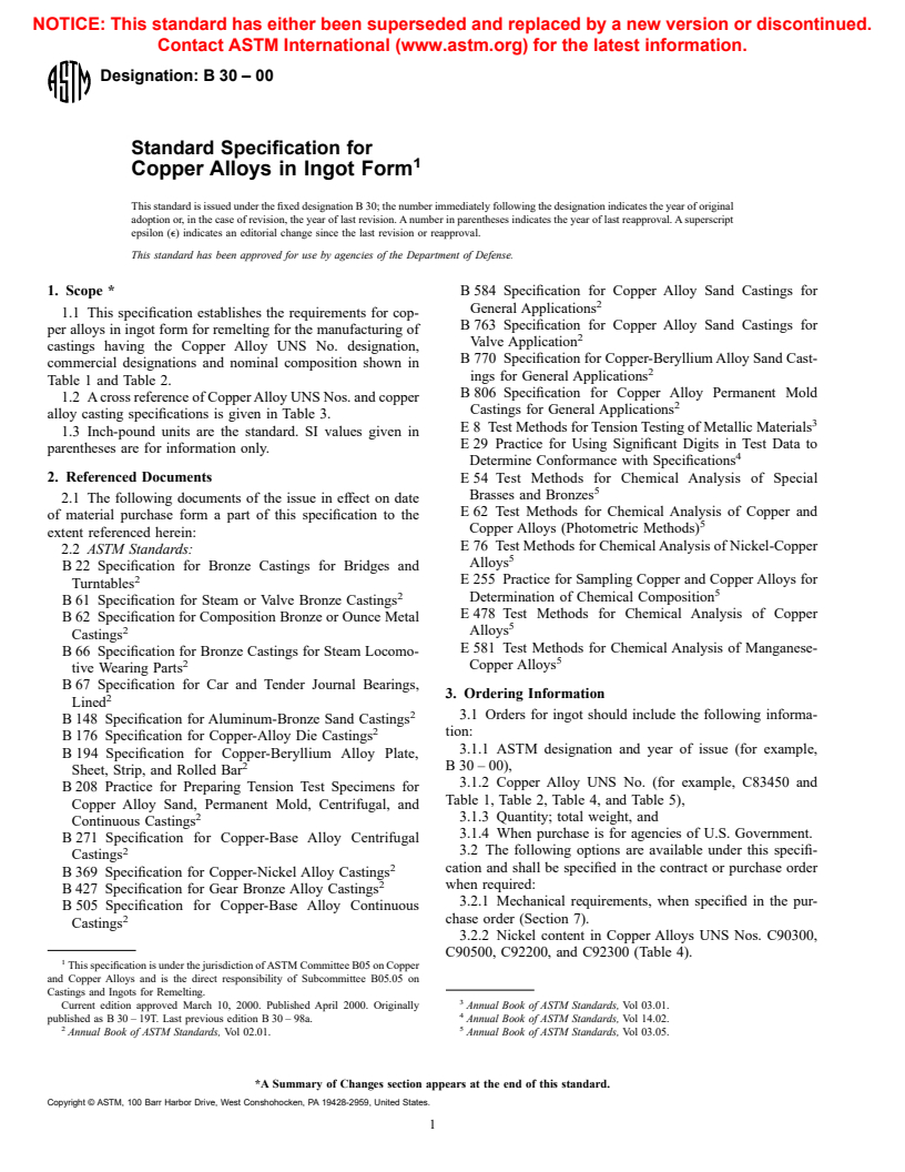 ASTM B30-00 - Standard Specification for Copper Alloys in Ingot Form