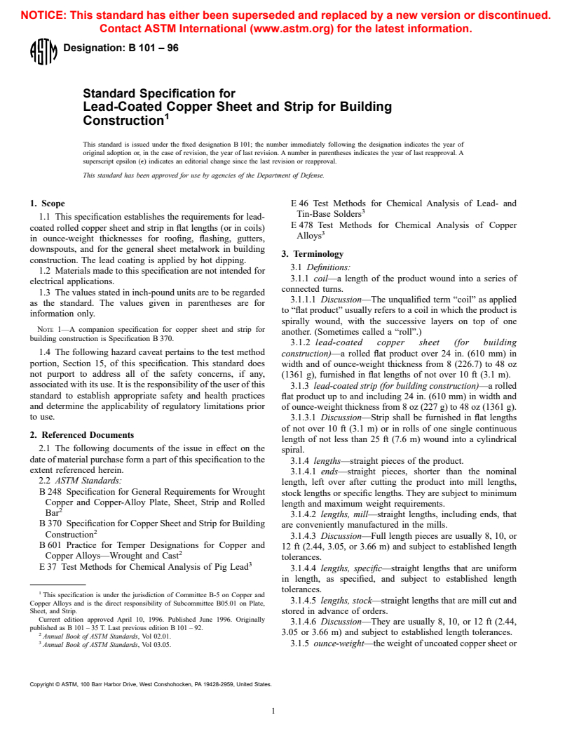 ASTM B101-96 - Standard Specification for Lead-Coated Copper Sheet and Strip for Building Construction