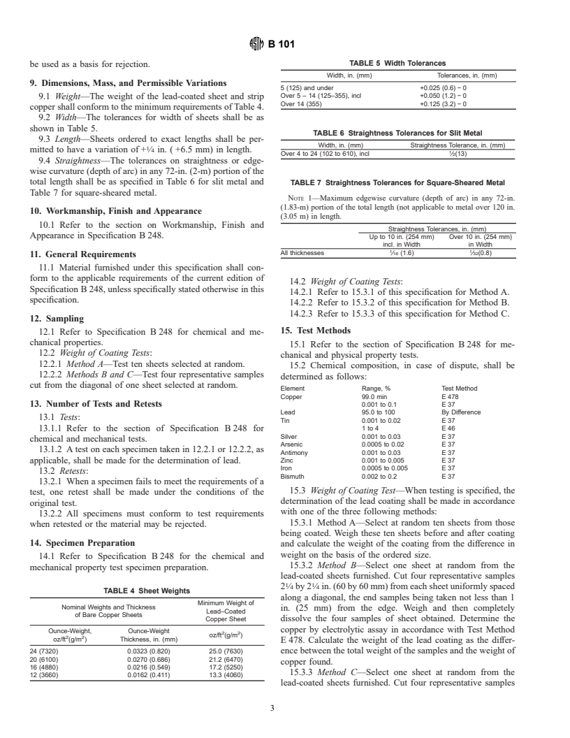 ASTM B101-96 - Standard Specification for Lead-Coated Copper Sheet and Strip for Building Construction