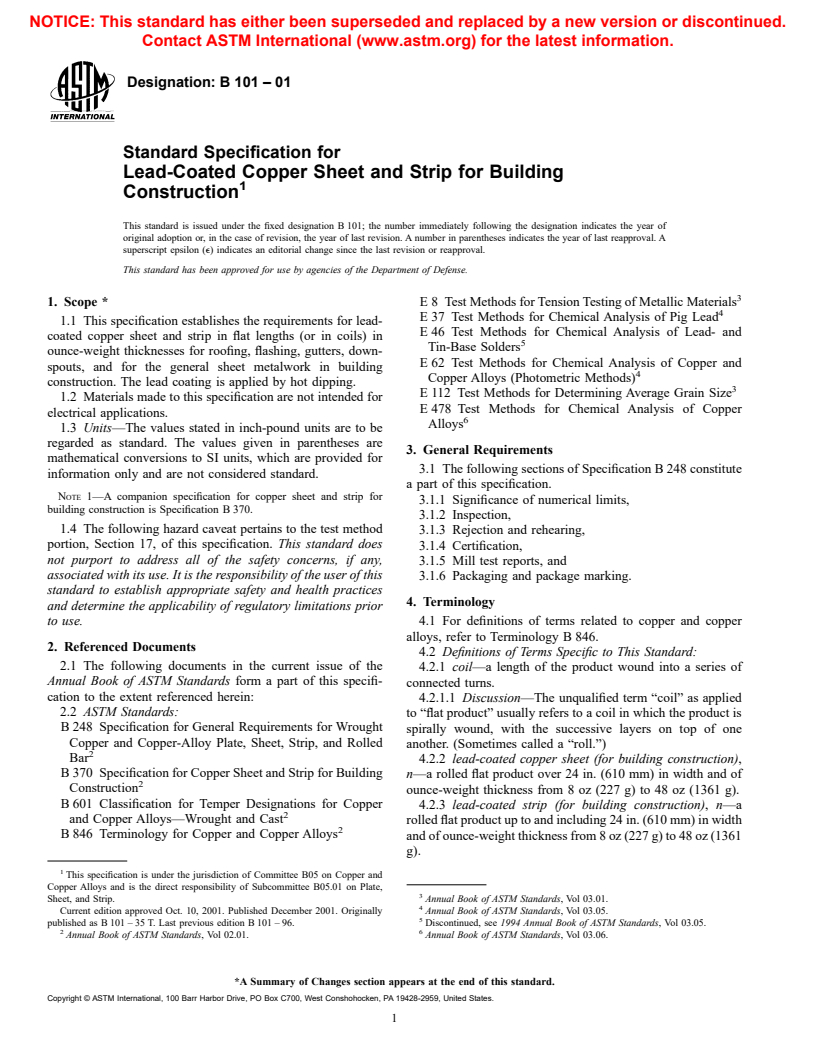 ASTM B101-01 - Standard Specification for Lead-Coated Copper Sheet and Strip for Building Construction
