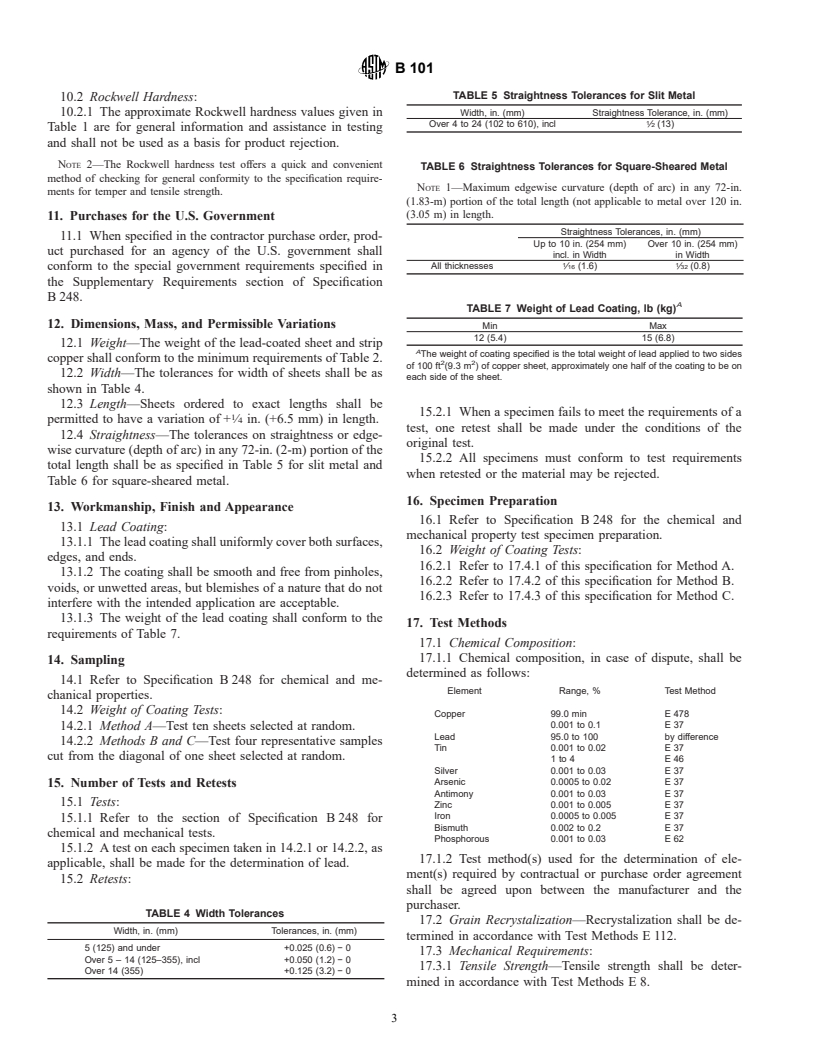 ASTM B101-01 - Standard Specification for Lead-Coated Copper Sheet and Strip for Building Construction