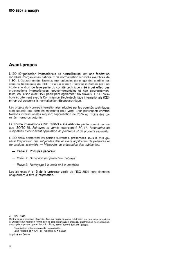ISO 8504-3:1993 ISO 8504-3:1993 - Préparation des subjectiles d'acier avant application de peintures et de produits assimilés -- Méthodes de préparation des subjectiles - Page 2 preview