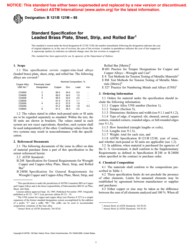 ASTM B121/B121M-95 - Standard Specification for Leaded Brass Plate, Sheet, Strip, and Rolled Bar