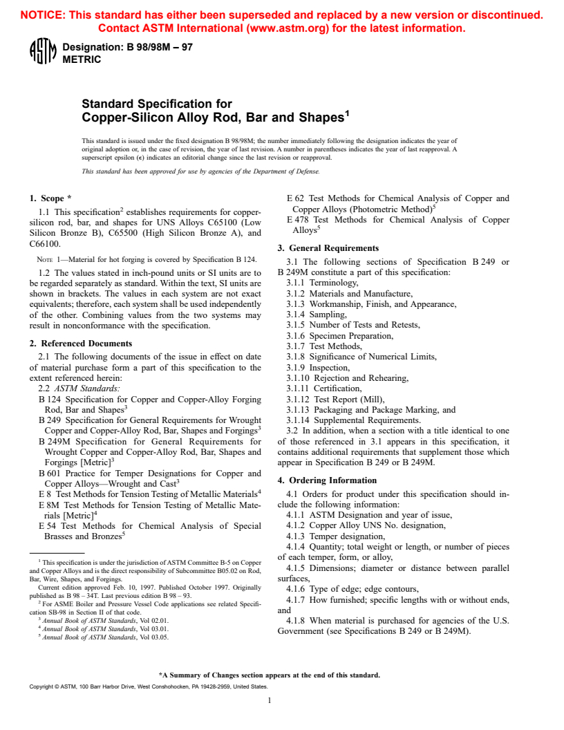 ASTM B98/B98M-97 - Standard Specification for Copper-Silicon Alloy Rod, Bar, and Shapes