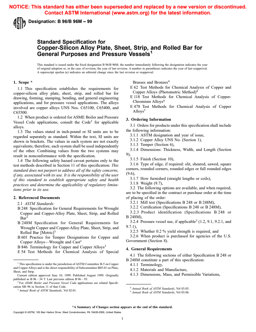 ASTM B96/B96M-99 - Standard Specification for Copper-Silicon Alloy Plate, Sheet, Strip, and Rolled Bar for General Purposes and Pressure Vessels