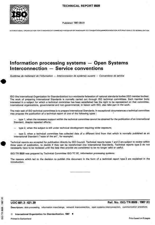 ISO/TR 8509:1987 - Information processing systems -- Open Systems Interconnection -- Service conventions