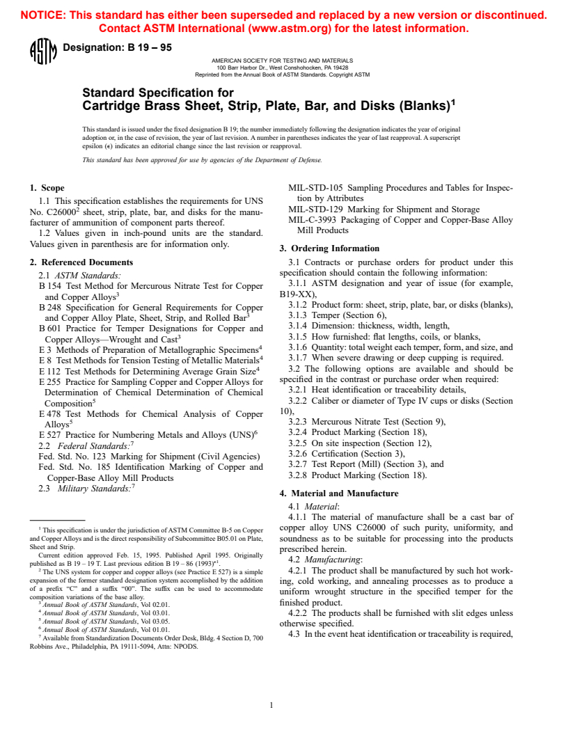 ASTM B19-95 - Standard Specification for Cartridge Brass Sheet, Strip, Plate, Bar, and Disks (Blanks)