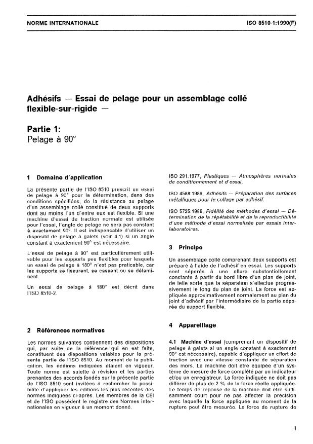 ISO 8510-1:1990 - Adhésifs -- Essai de pelage pour un assemblage collé flexible-sur-rigide