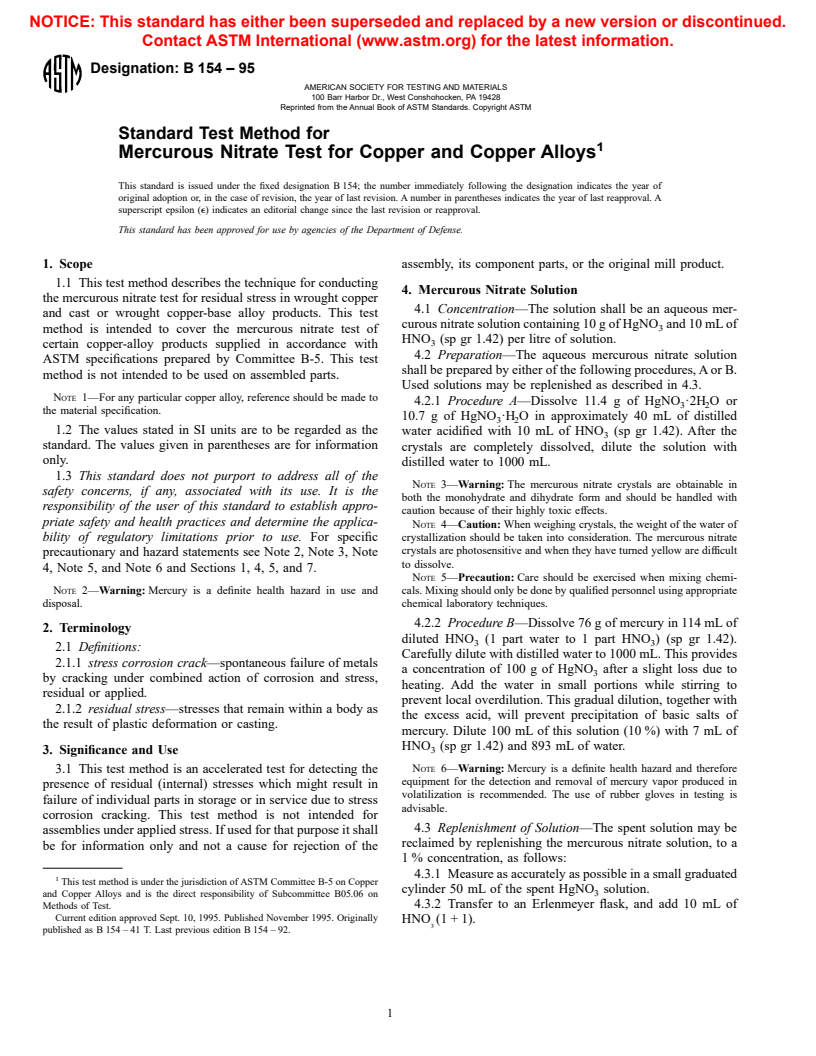 ASTM B154-95 - Standard Test Method for Mercurous Nitrate Test for Copper and Copper Alloys