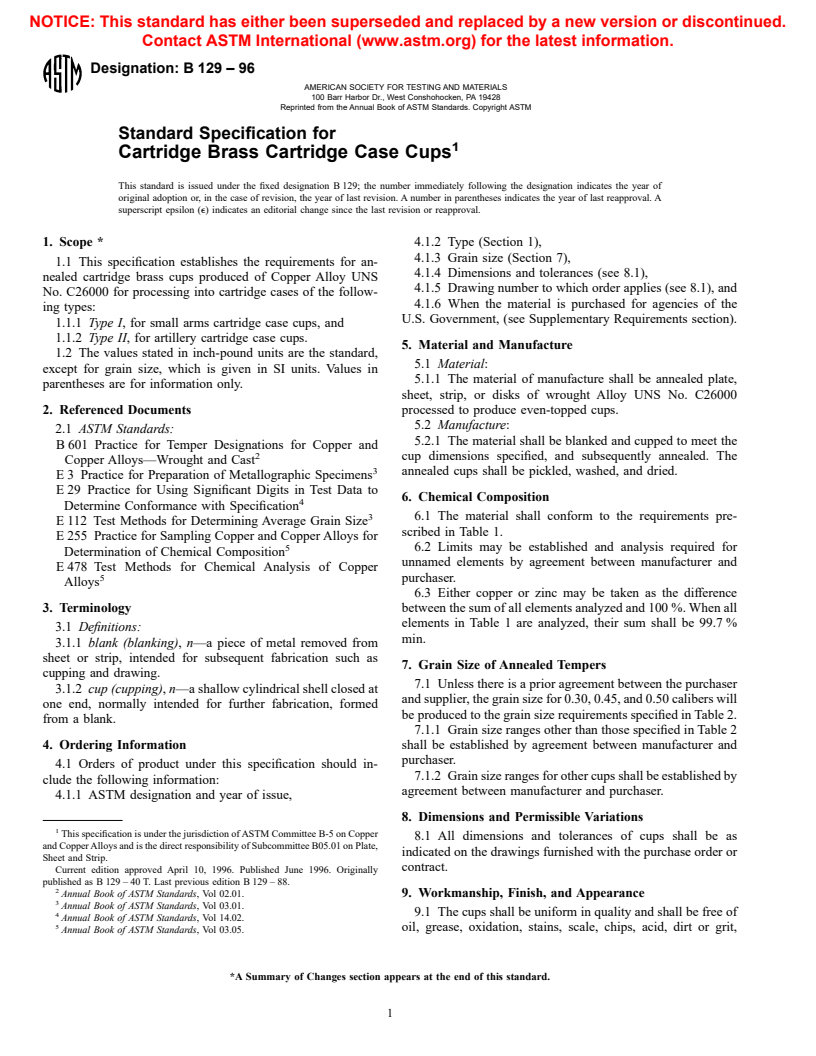 ASTM B129-96 - Standard Specification for Cartridge Brass Cartridge Case Cups