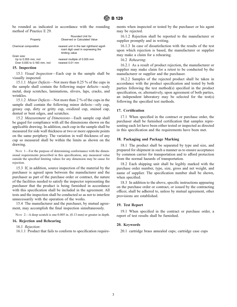 ASTM B129-96 - Standard Specification for Cartridge Brass Cartridge Case Cups