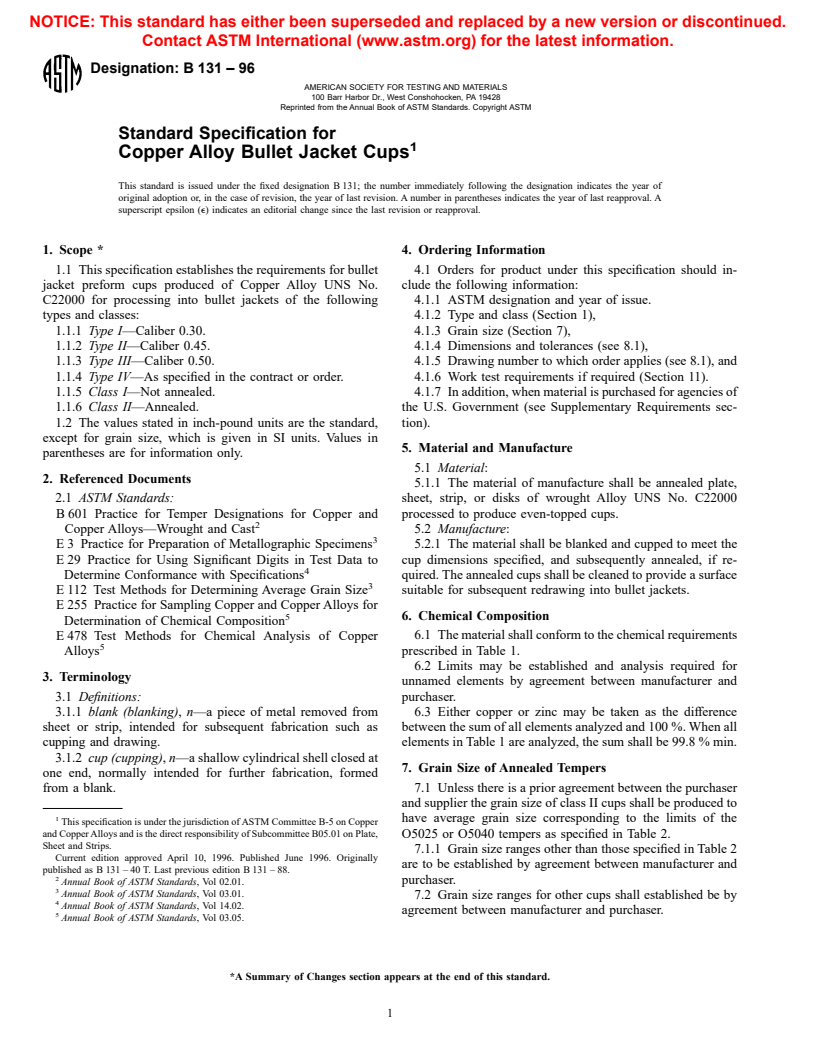 ASTM B131-96 - Standard Specification for Copper Alloy Bullet Jacket Cups