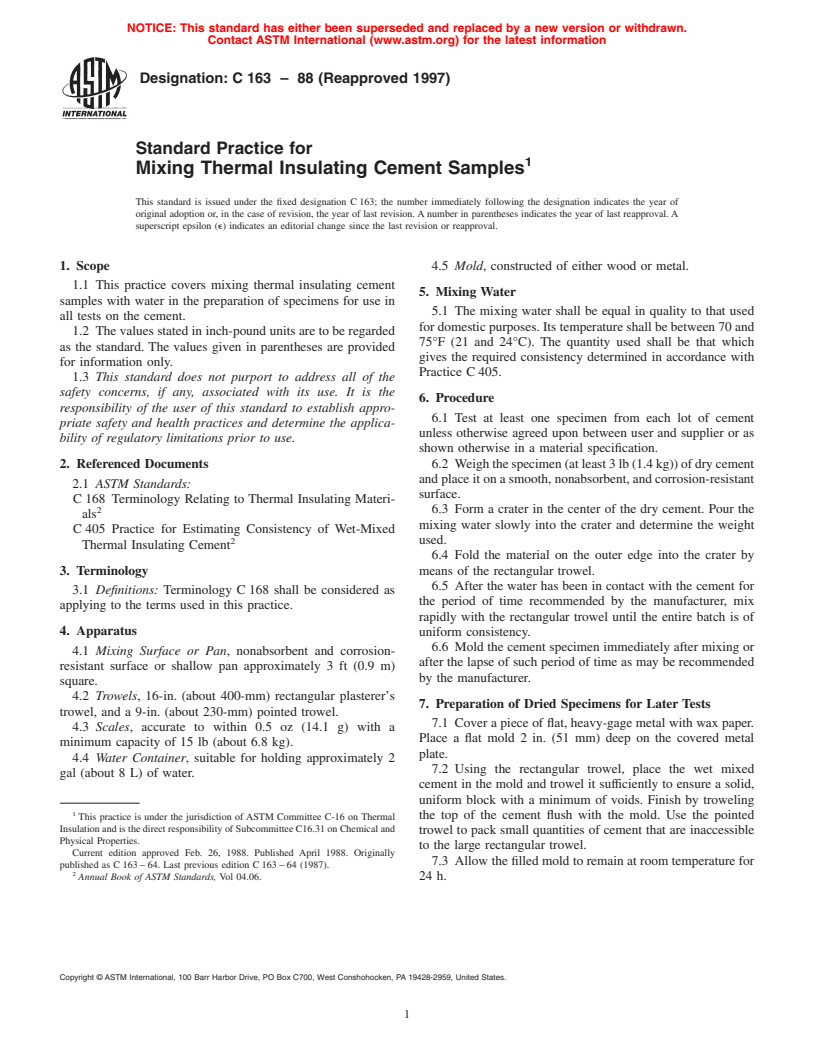 ASTM C163-88(1997) - Standard Practice for Mixing Thermal Insulating Cement Samples