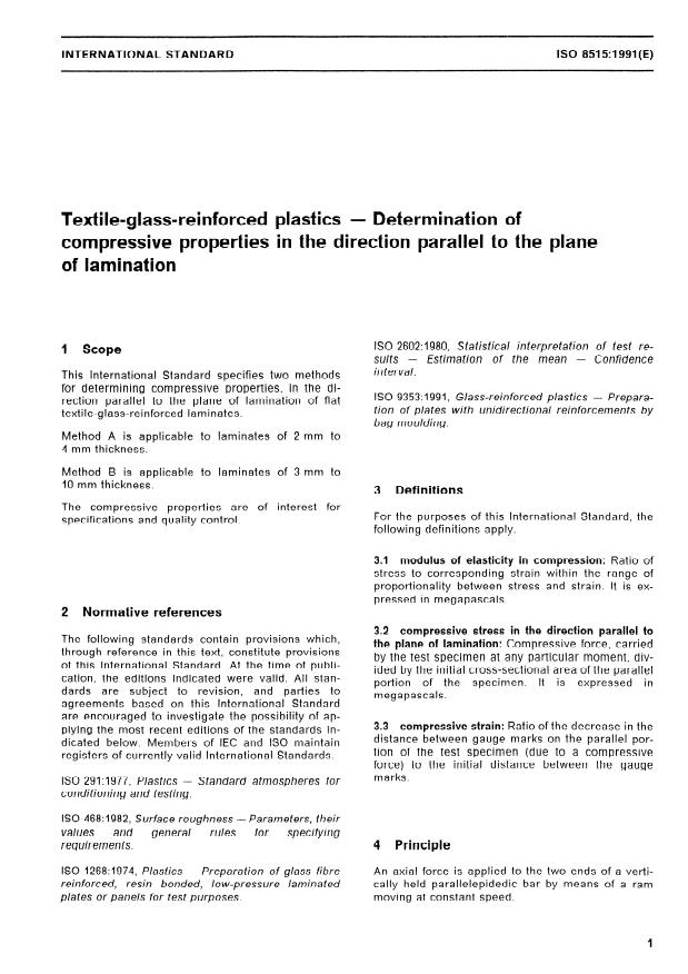 ISO 8515:1991 - Textile-glass-reinforced plastics -- Determination of compressive properties in the direction parallel to the plane of lamination