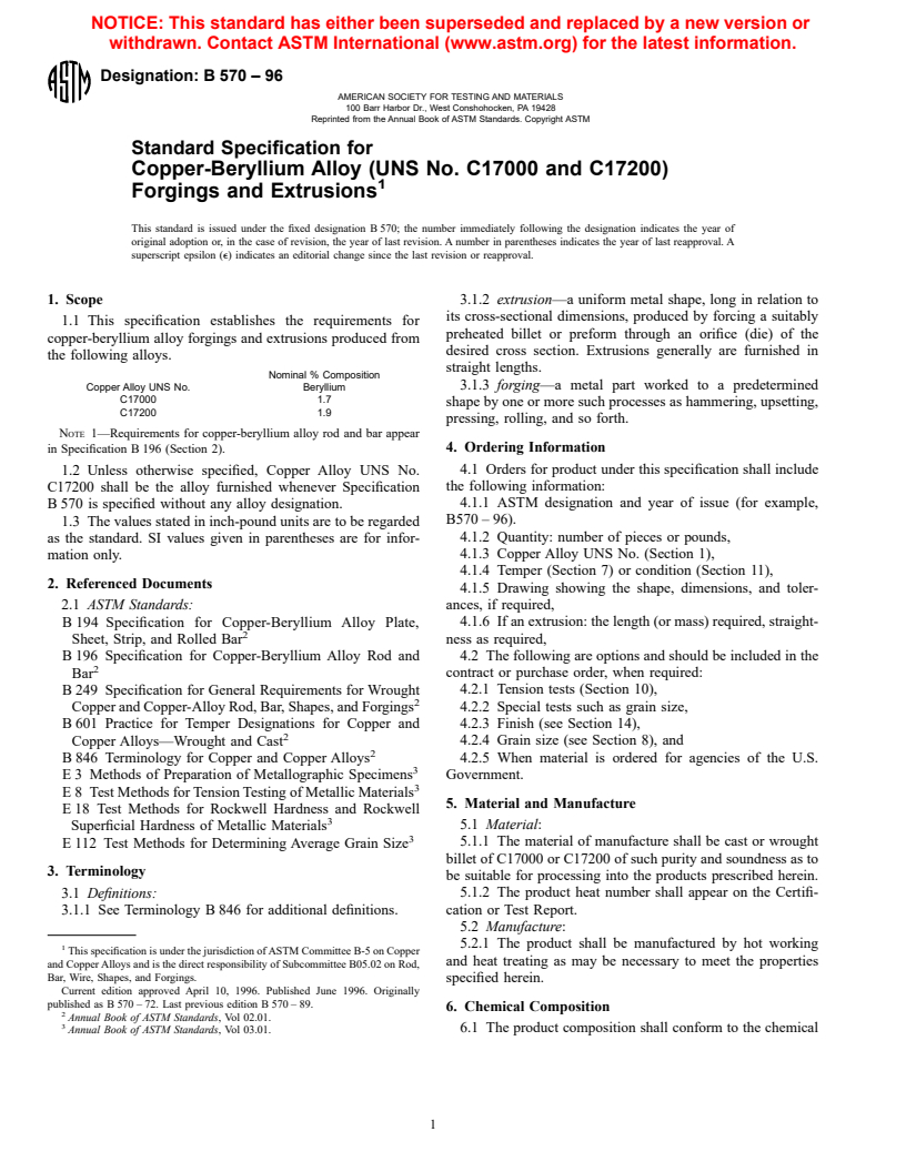 ASTM B570-96 - Standard Specification for Copper-Beryllium Alloy (UNS No. C17000 and C17200) Forgings and Extrusions