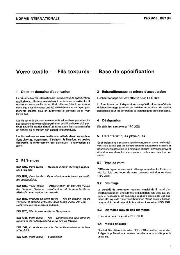 ISO 8516:1987 - Verre textile -- Fils texturés -- Base de spécification
