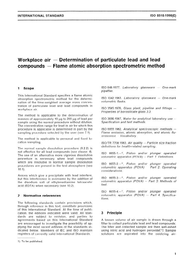 ISO 8518:1990 - Workplace air -- Determination of particulate lead and lead compounds -- Flame atomic absorption spectrometric method