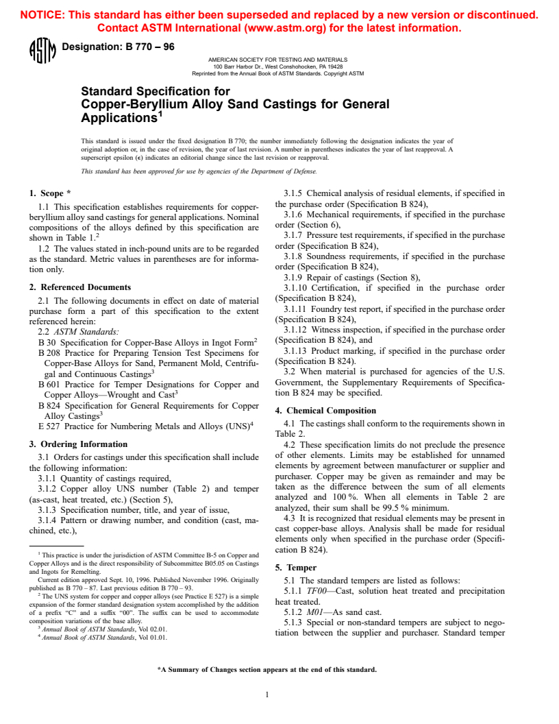 ASTM B770-96 - Standard Specification for Copper-Beryllium Alloy Sand Castings for General Applications