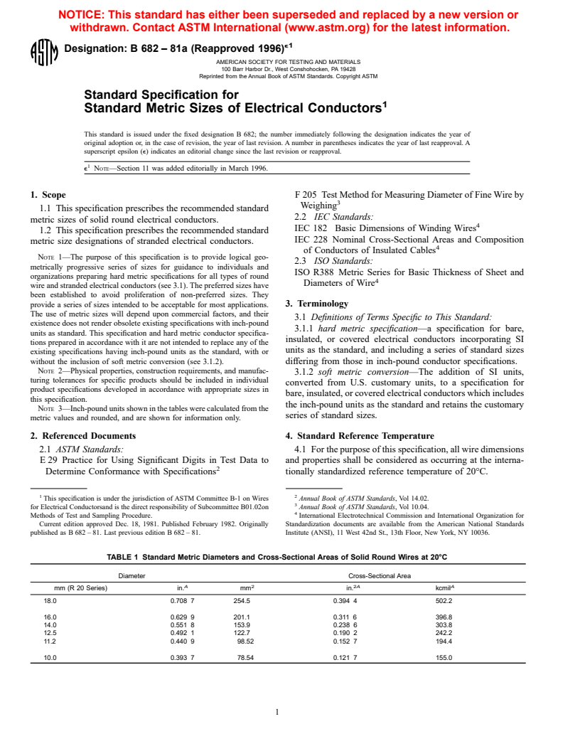 ASTM B682-81A(1996)E1 - Standard Specification for Standard Metric Sizes of Electrical Conductors