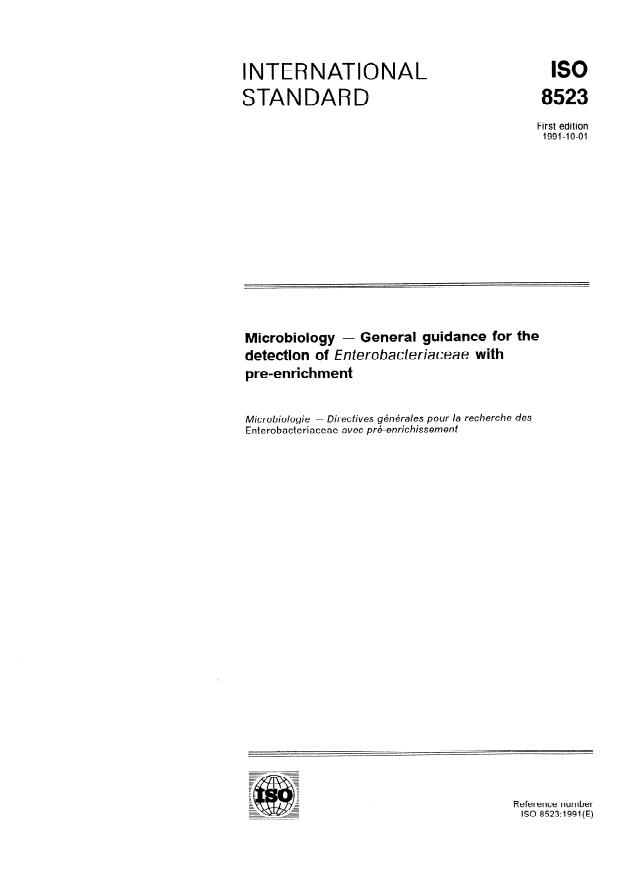 ISO 8523:1991 - Microbiology -- General guidance for the detection of Enterobacteriaceae with pre-enrichment
