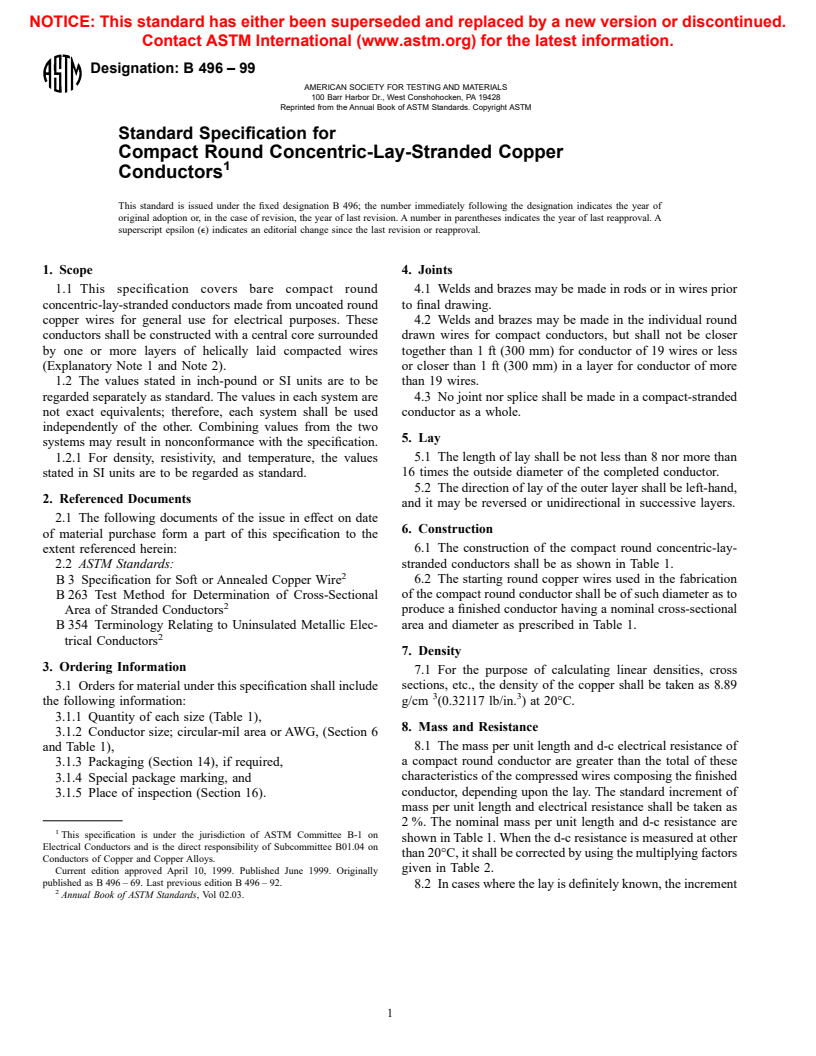 ASTM B496-99 - Standard Specification for Compact Round Concentric-Lay-Stranded Copper Conductors