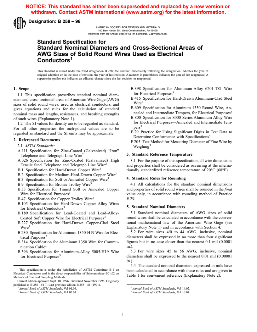 ASTM B258-96 - Standard Specification for Standard Nominal Diameters and Cross-Sectional Areas of AWG Sizes of Solid Round Wires Used as Electrical Conductors