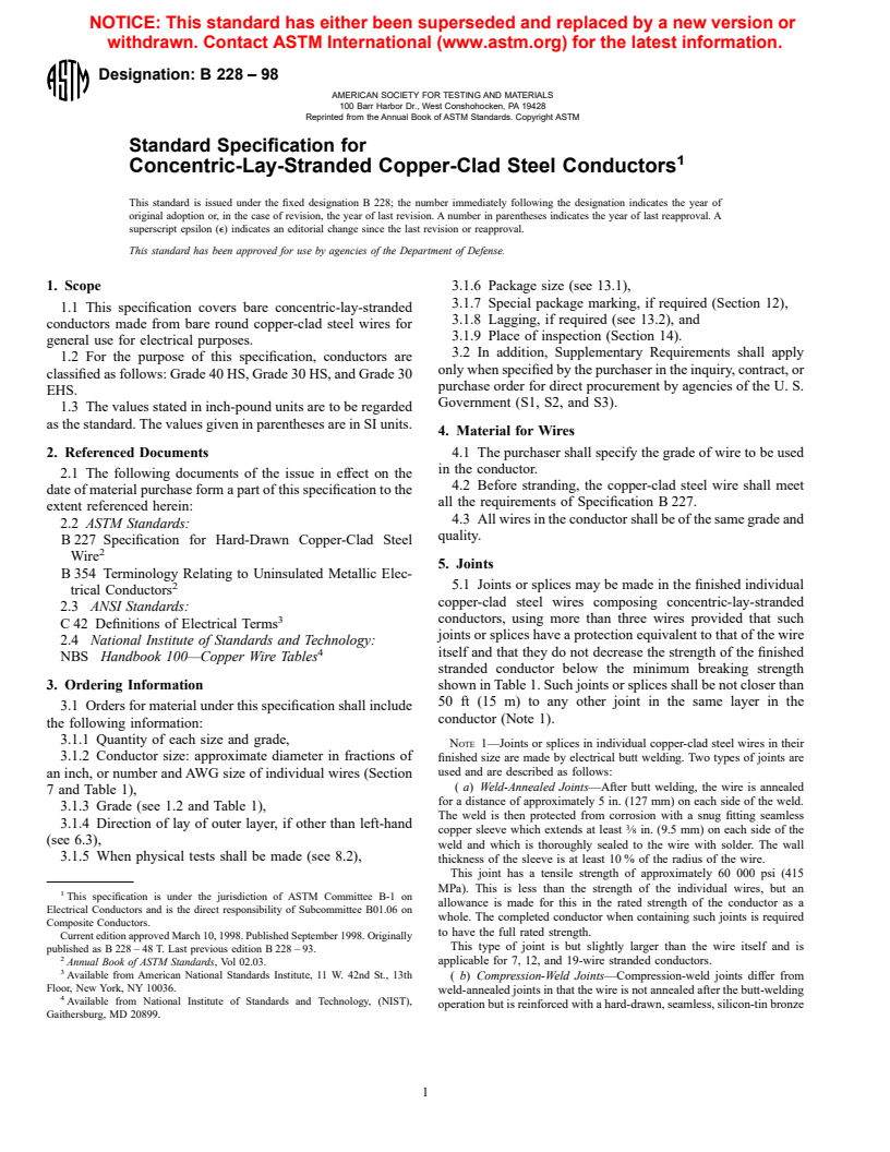 ASTM B228-98 - Standard Specification for Concentric-Lay-Stranded Copper-Clad Steel Conductors