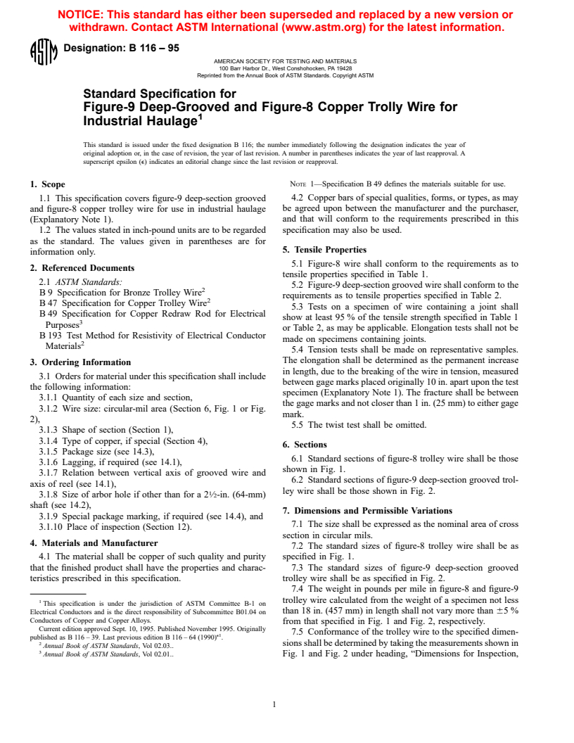 ASTM B116-95 - Standard Specification for Figure-9 Deep-Grooved and Figure-8 Copper Trolly Wire for Industrial Haulage