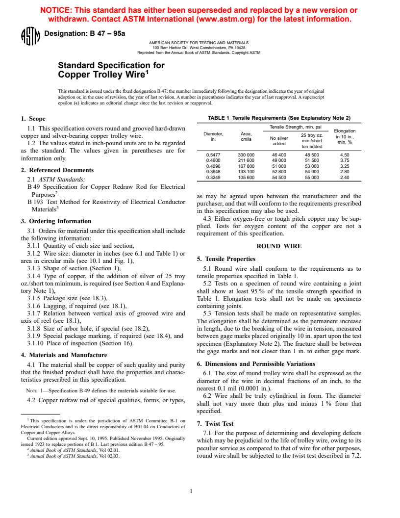 ASTM B47-95a - Standard Specification for Copper Trolley Wire