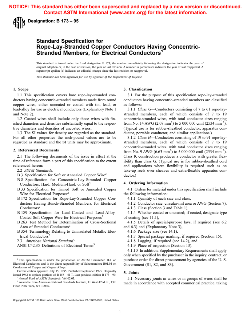 ASTM B173-95 - Standard Specification for Rope-Lay-Stranded Copper Conductors Having Concentric-Stranded Members, for Electrical Conductors