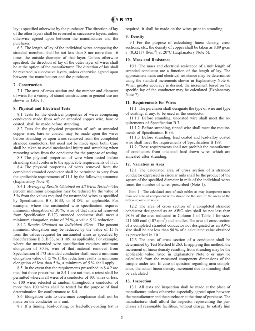 ASTM B173-95 - Standard Specification for Rope-Lay-Stranded Copper Conductors Having Concentric-Stranded Members, for Electrical Conductors