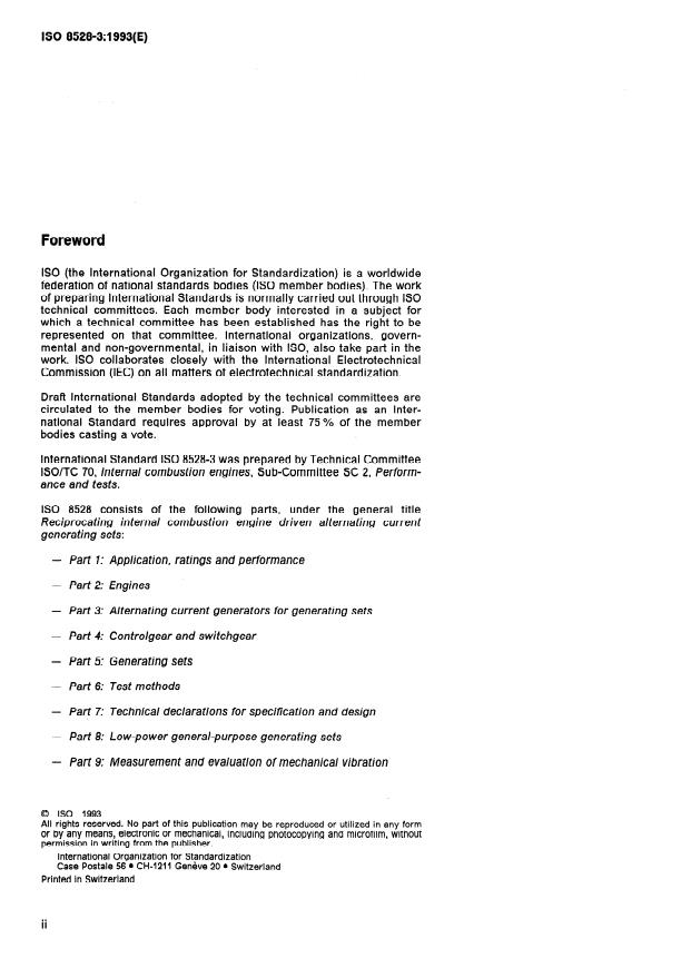 ISO 8528-3:1993 ISO 8528-3:1993 - Reciprocating internal combustion engine driven alternating current generating sets - Page 2 preview