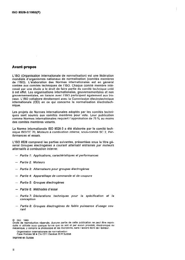 ISO 8528-3:1993 ISO 8528-3:1993 - Groupes électrogenes a courant alternatif entraînés par moteurs alternatifs a combustion interne - Page 2 preview