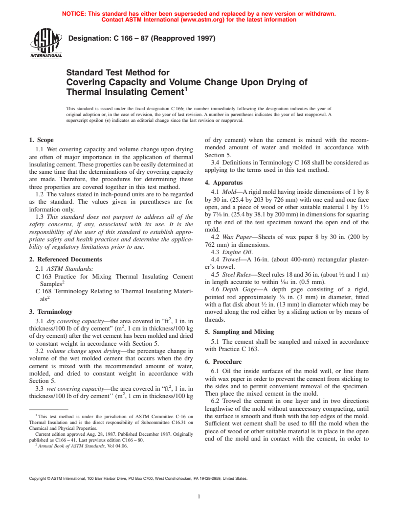 ASTM C166-87(1997) - Standard Test Method for Covering Capacity and Volume Change Upon Drying of Thermal Insulating Cement