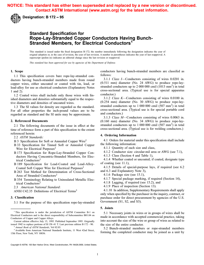 ASTM B172-95 - Standard Specification for Rope-Lay-Stranded Copper Conductors Having Bunch-Stranded Members, for Electrical Conductors