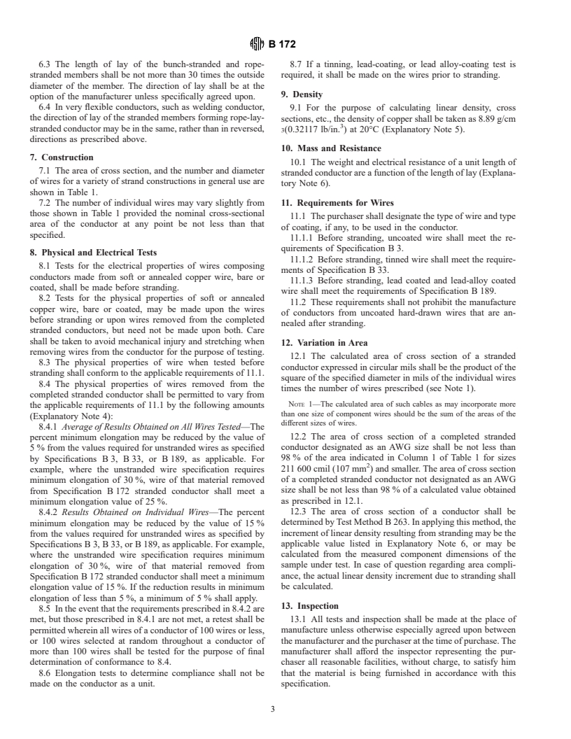 ASTM B172-95 - Standard Specification for Rope-Lay-Stranded Copper Conductors Having Bunch-Stranded Members, for Electrical Conductors