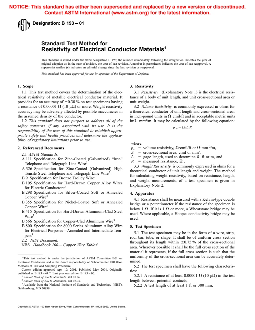 ASTM B193-01 - Standard Test Method for Resistivity of Electrical Conductor Materials
