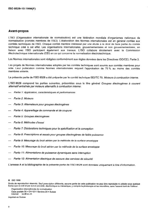 ISO 8528-10:1998 ISO 8528-10:1998 - Groupes électrogenes a courant alternatif entraînés par moteurs alternatifs a combustion interne - Page 2 preview