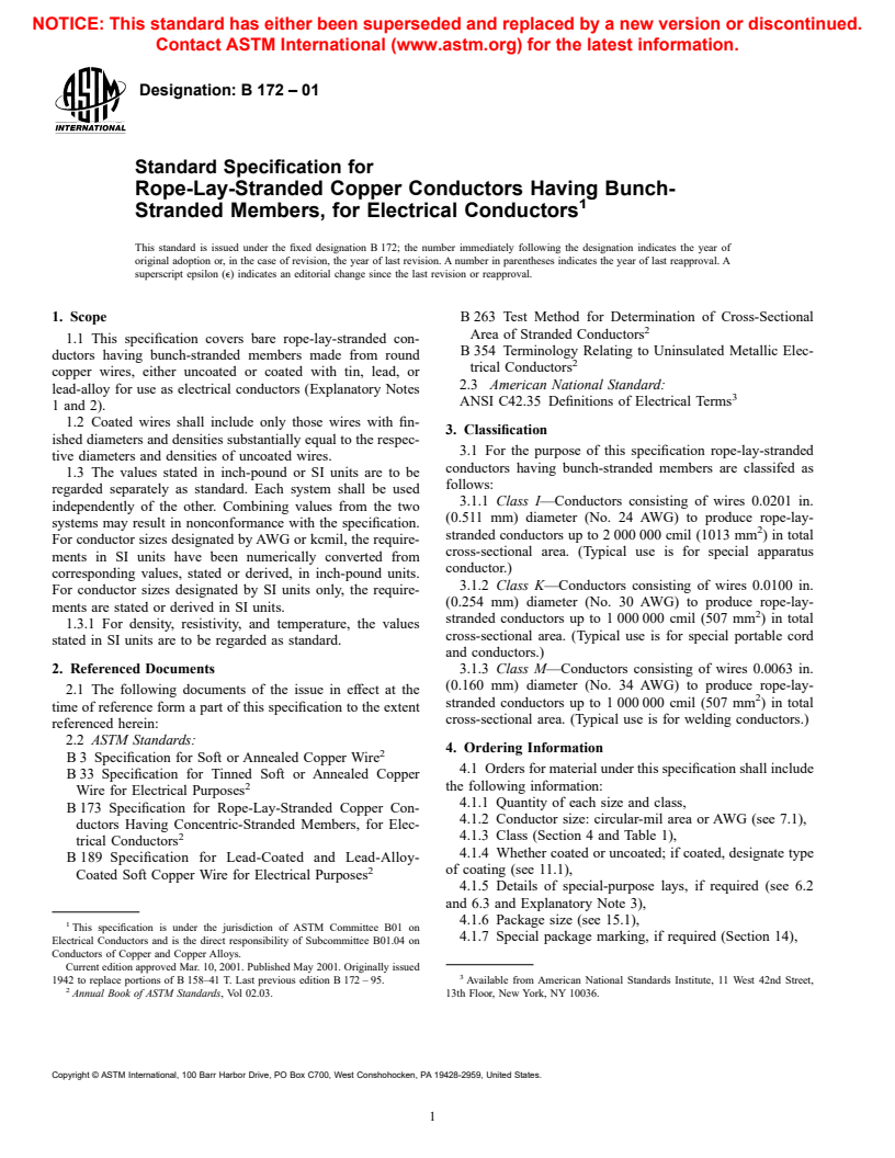 ASTM B172-01 - Standard Specification for Rope-Lay-Stranded Copper Conductors Having Bunch-Stranded Members, for Electrical Conductors
