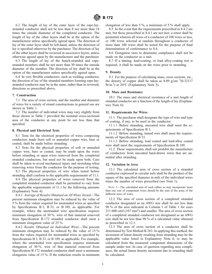 ASTM B172-01 - Standard Specification for Rope-Lay-Stranded Copper Conductors Having Bunch-Stranded Members, for Electrical Conductors