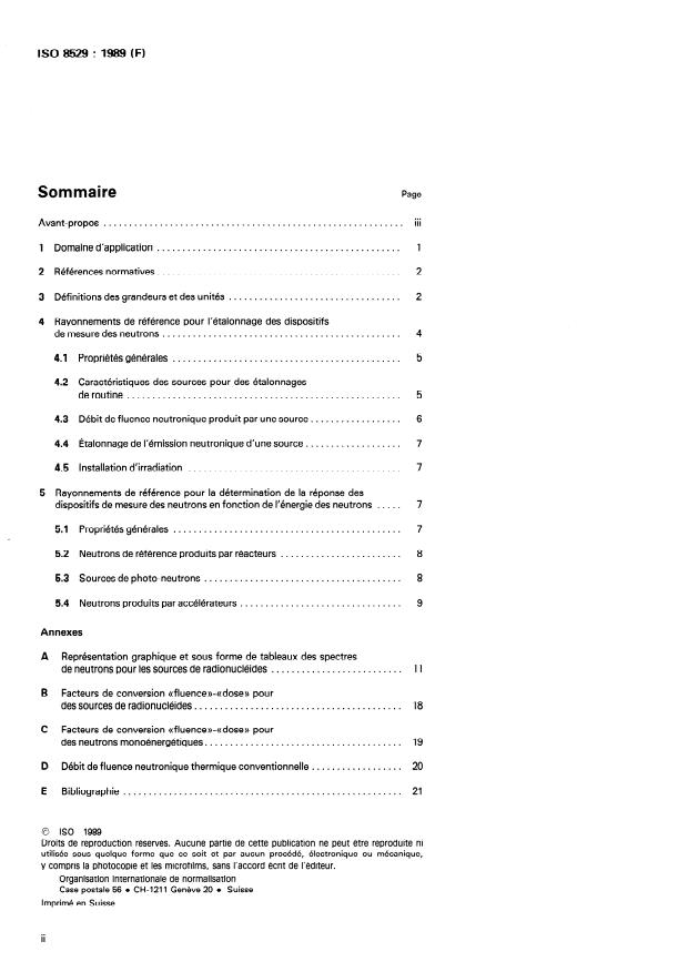 ISO 8529:1989 ISO 8529:1989 - Rayonnements neutroniques de référence destinés a l'étalonnage des instruments de mesure des neutrons utilisés en radioprotection et a la détermination de leur réponse en fonction de l'énergie des neutrons - Page 2 preview