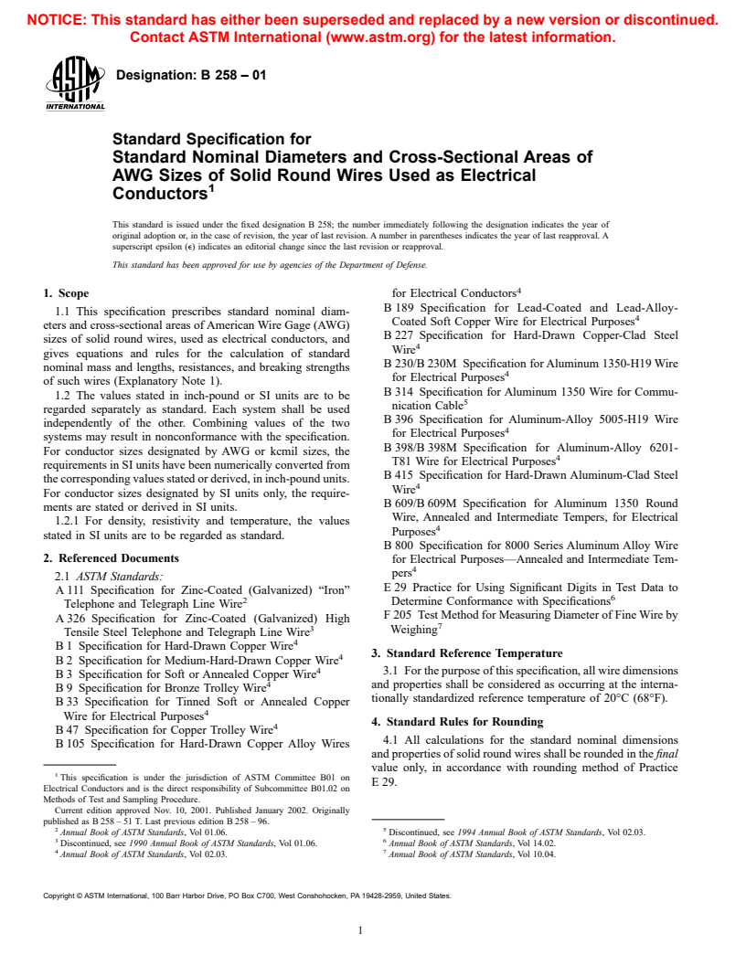 ASTM B258-01 - Standard Specification for Standard Nominal Diameters and Cross-Sectional Areas of AWG Sizes of Solid Round Wires Used as Electrical Conductors