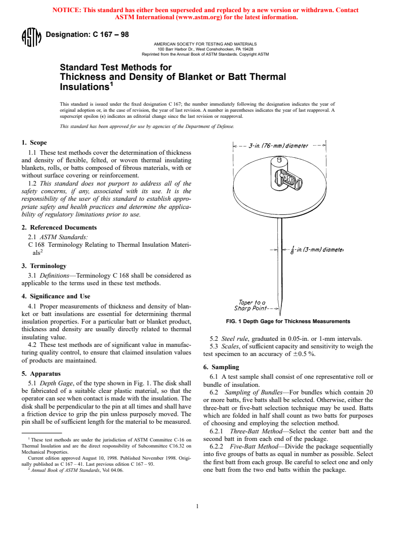 ASTM C167-98 - Standard Test Methods for Thickness and Density of Blanket or Batt Thermal Insulations