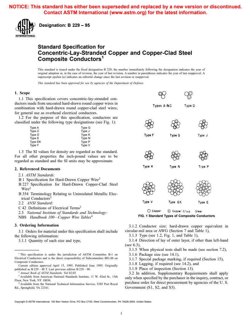 ASTM B229-95 - Standard Specification for Concentric-Lay-Stranded Copper and Copper-Clad Steel Composite Conductors