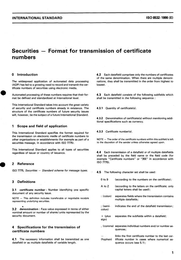 ISO 8532:1986 - Securities -- Format for transmission of certificate numbers