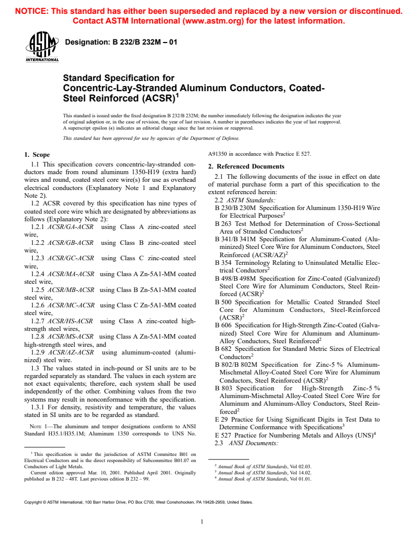 ASTM B232/B232M-01 - Standard Specification for Concentric-Lay-Stranded Aluminum Conductors, Coated-Steel Reinforced (ACSR)