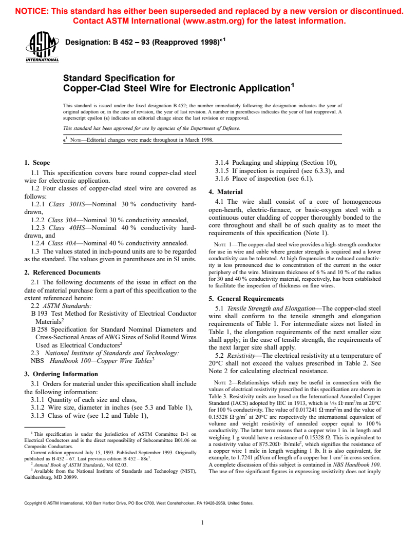 ASTM B452-93(1998)E1 - Standard Specification for Copper-Clad Steel Wire for Electronic Application