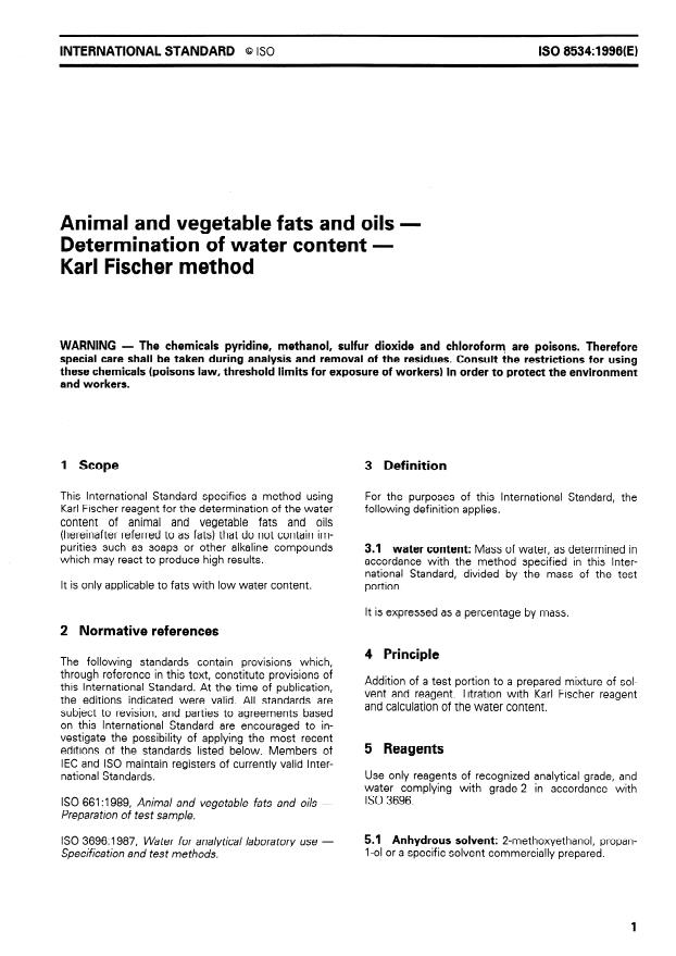 ISO 8534:1996 - Animal and vegetable fats and oils -- Determination of water content -- Karl Fischer method