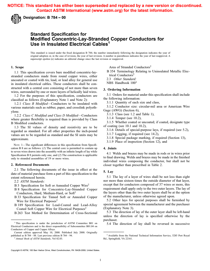 ASTM B784-00 - Standard Specification for Modified Concentric-Lay-Stranded Copper Conductors for Use in Insulated Electrical Cables